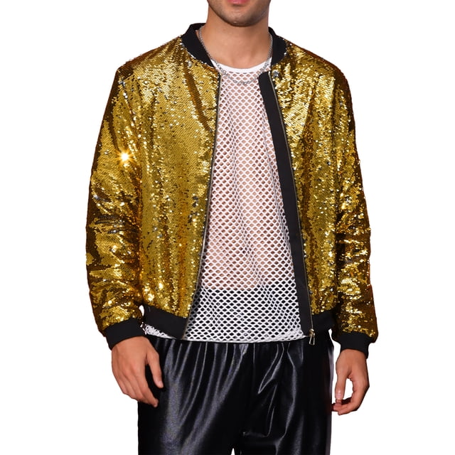 Chaqueta bomber de lentejuelas brillantes para hombre, chaqueta metálica de fiesta, chaqueta varsity con cierre, talla XL, dorada