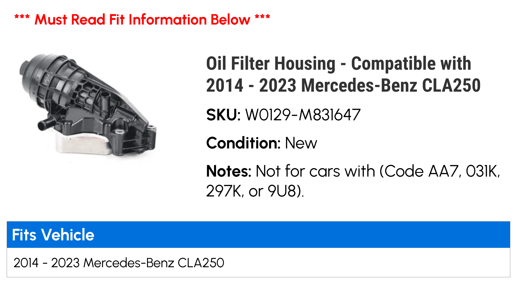 Oil Filter Housing - Compatible with 2014 - 2023 Mercedes-Benz CLA250 2015 2016 2017 2018 2019 2020 2021 2022