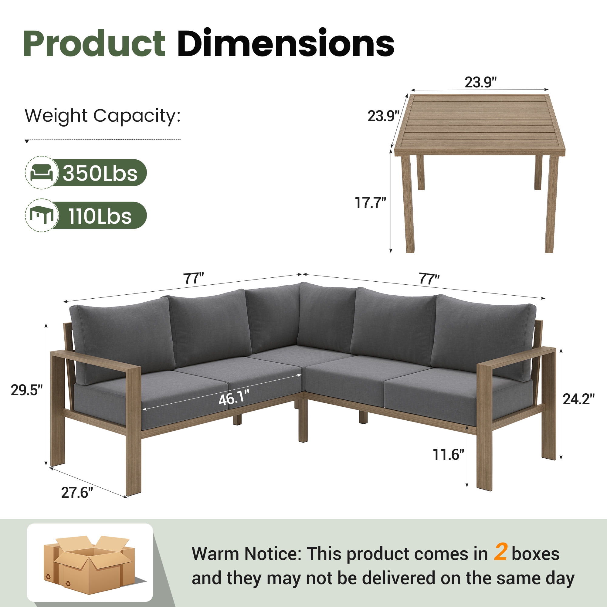 ELPOSUN 6 Pieces Patio Furniture Sets with 6" Thick Olefin Cushions, Faux Wood Metal Outdoor Sectional Furniture L Shape Patio Conversation Sets for Garden, Backyard Gray