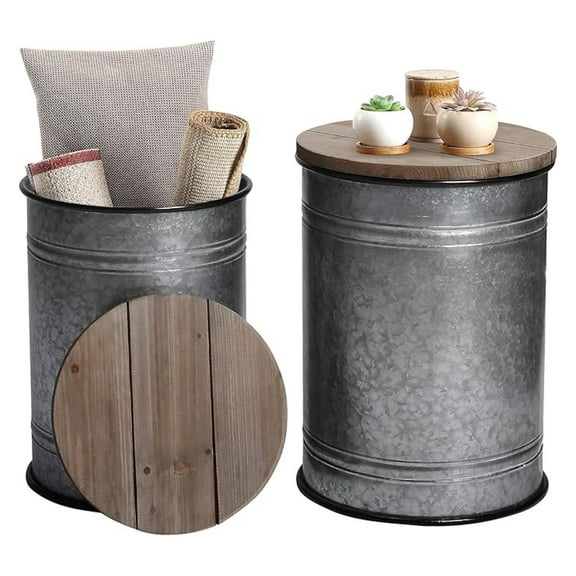 Farmhouse Side Table Set of 2, Rustic Storage Ottoman, Galvanized Metal End Table with Lid, Living Room Coffee Table, Nesting Accent Furniture