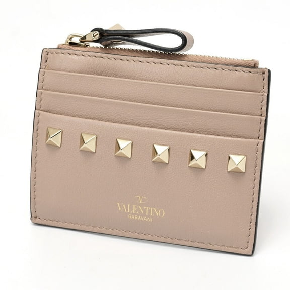 Pre-Owned Valentino Studded Coin Card Holder Case Leather Pink Beige S-159014