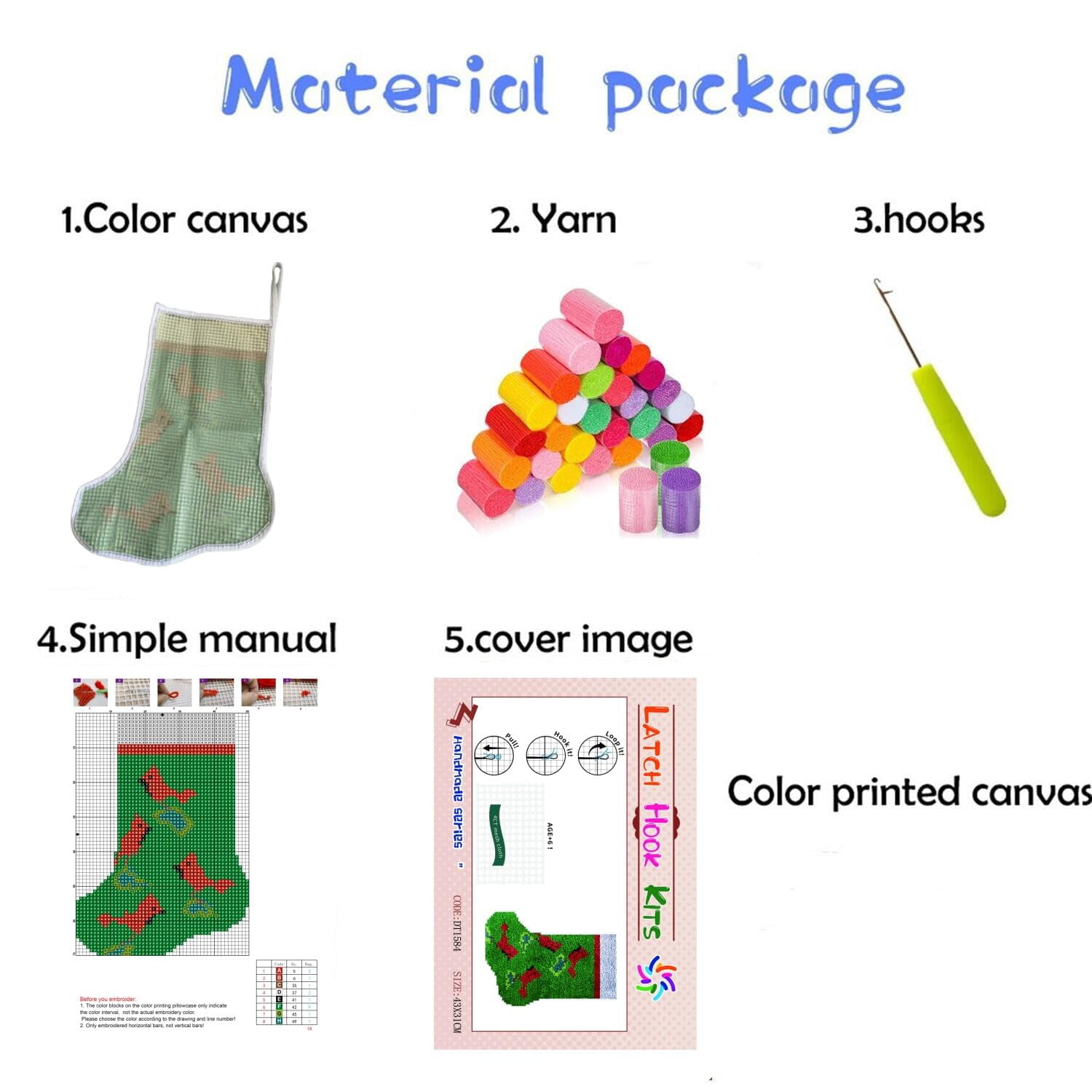 Latch Hook kits Christmas Red Sock Tree DIY Printed Canvas Crochet Yarn Embroidery Easy for Beginner Xmas Gift Stocking Bag for Christmas Ornament Decoration 43x31cm