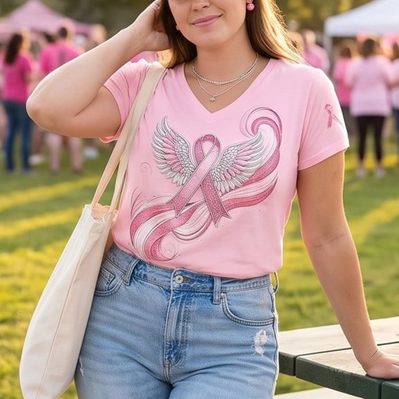 Domuza Breast Cancer Shirts Women Pink Ribbon Wings Print Cancer Survivor Short Sleeve V Neck Tee Shirts ,in October We Wear Pink Top M