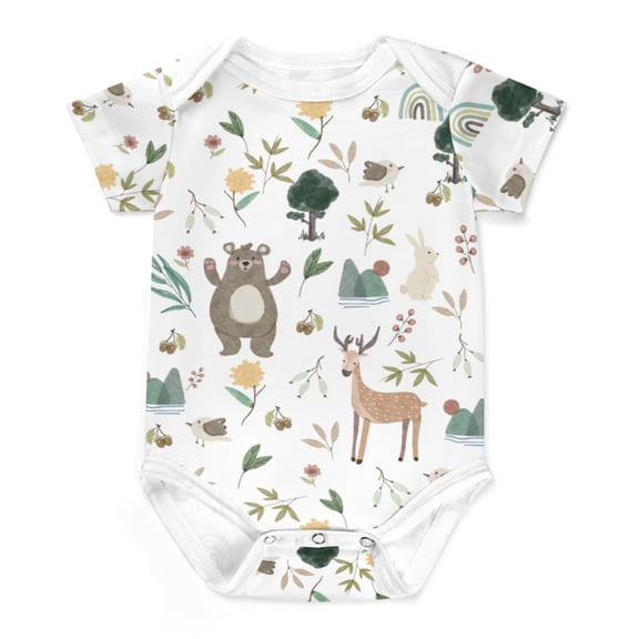 Baby Woodland Animals Boho Floral Bodysuits Bear Deer Rabbit Bird Mountain Leaves Short Sleeve One-pieces Romper for Boy Girl Cotton Bodysuit