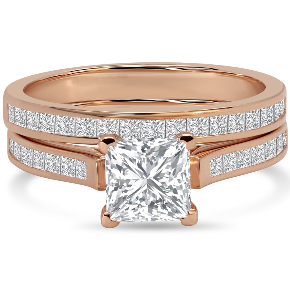 JeenMata 2 Carat Princess Cut Moissanite Wedding Set - Bridal Set - Channel Set Ring - Unique Ring - 18k Rose Gold Over Silver