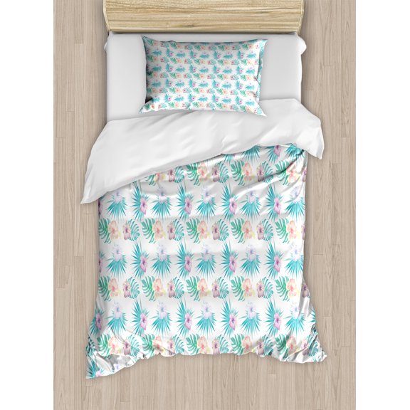 Ambesonne Hibiscus Duvet Cover Set, Summer Botanic Blossoms, Twin, Violet Turquoise