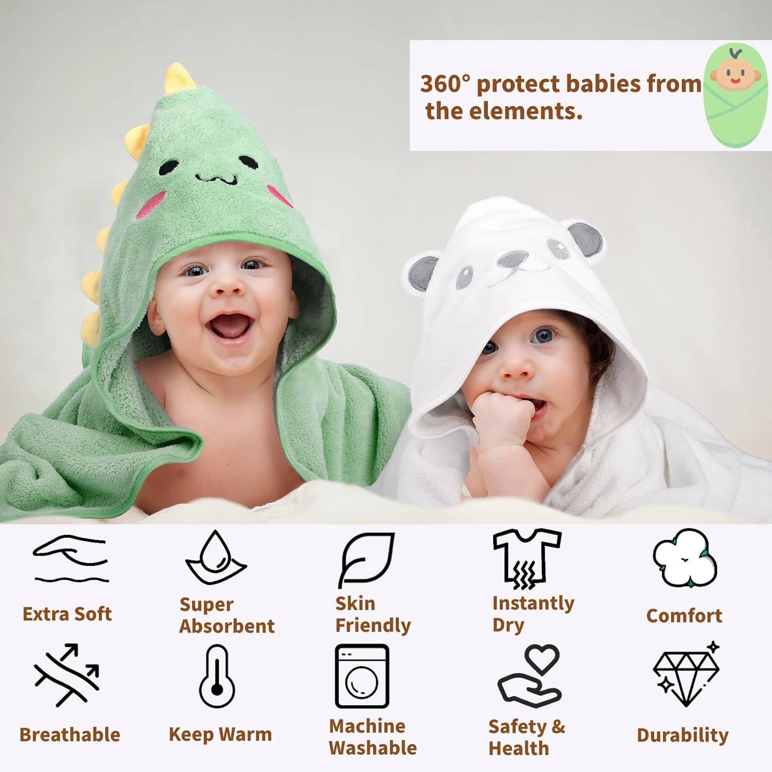 Baby Bath Towels Set for Infants Toddlers, 4 PCS Animal Hooded Baby Towels , Ultra Absorbent Cute Soft Newborn Essentials Gift for Boys & Girls