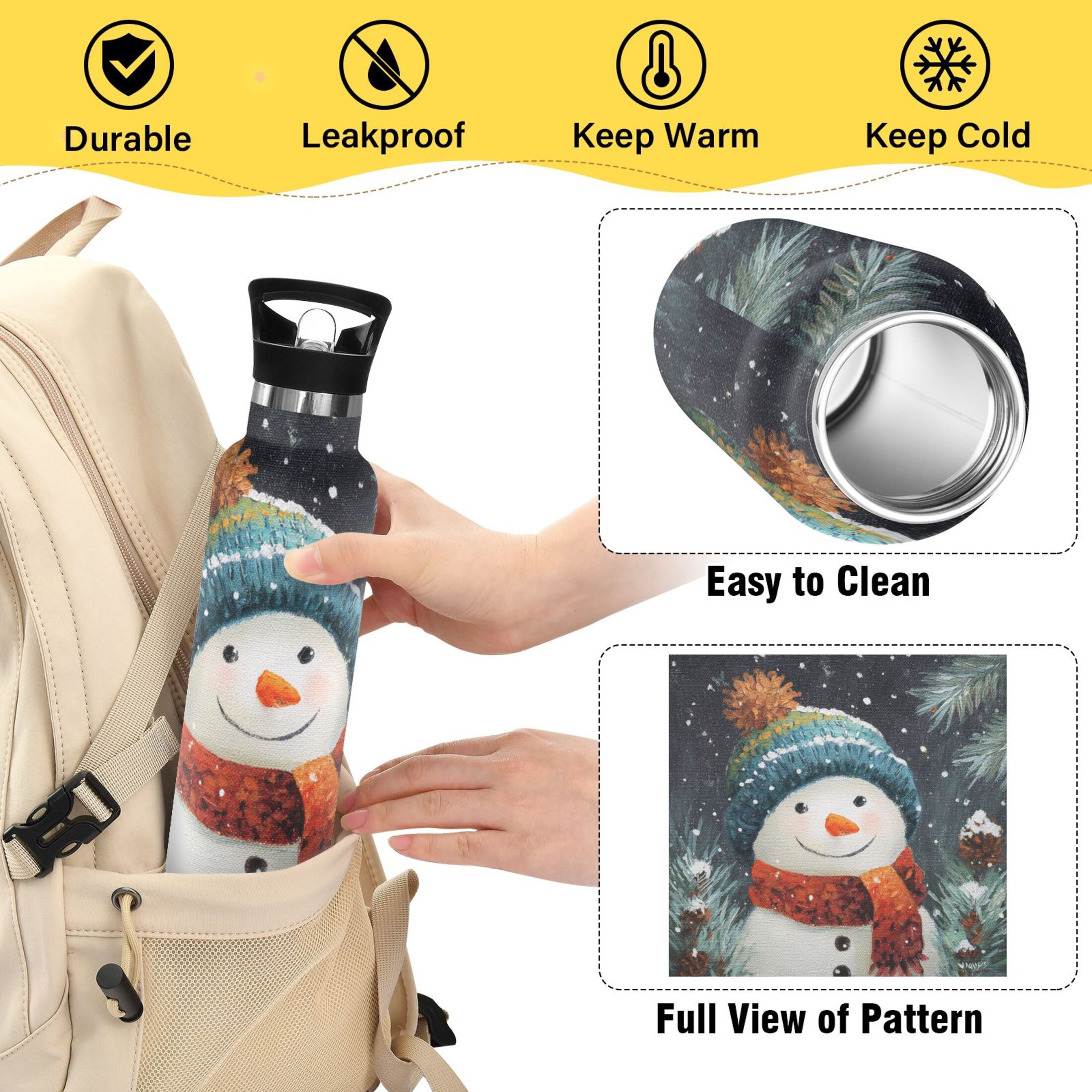 600ML Stainless Steel Insulated Cup Sports Water Bottle Portable Thermos Cup Water Glasses Insulated Tumblers Convenient and Durable Cartoon Christmas Snowman Beautiful