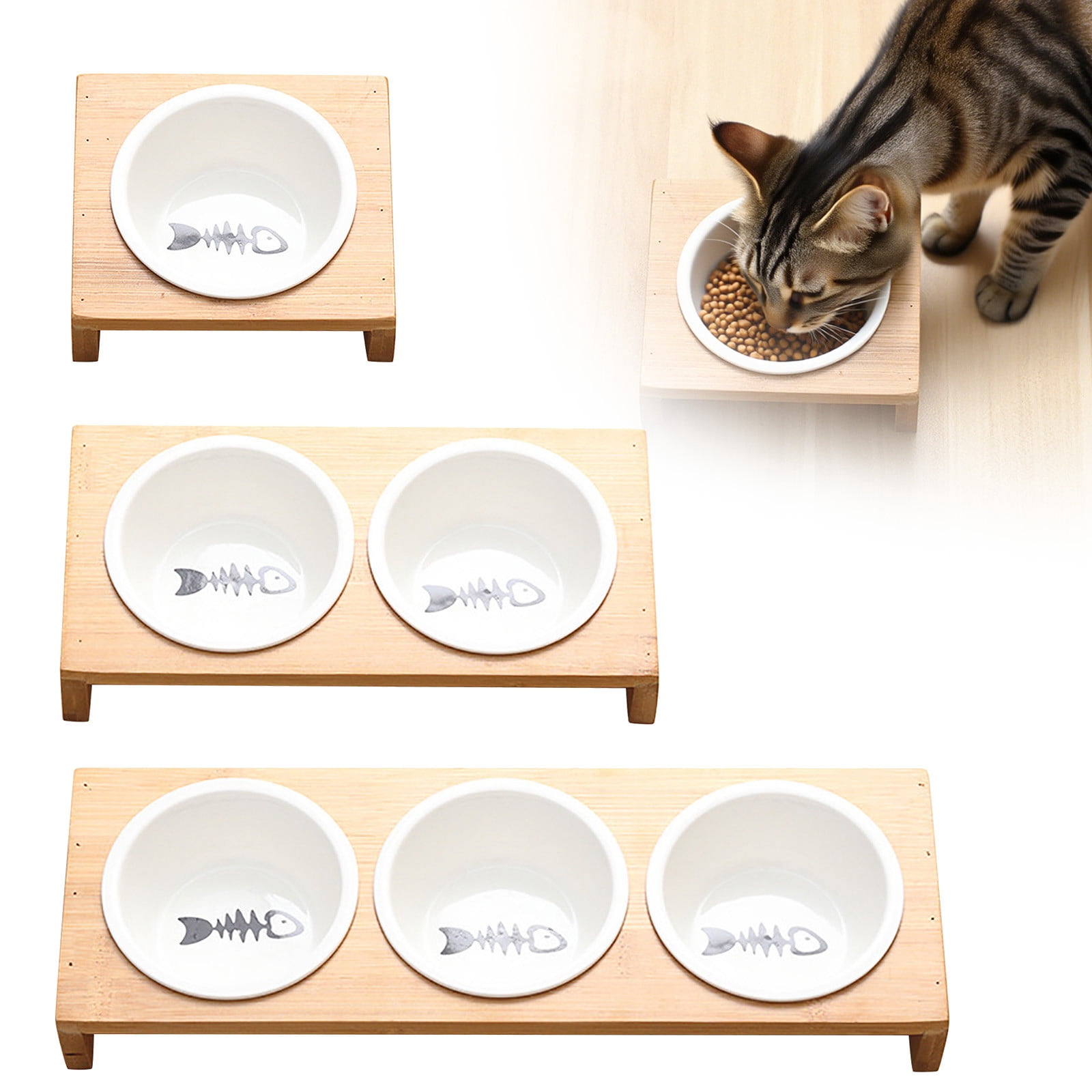 Stylish 3-Bowl Ceramic Cat Feeder with Bamboo Stand, Fishbone Design Elevated Pet Food & Water Station
