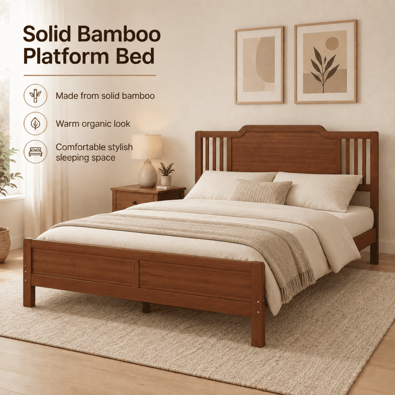 Miniyam Queen Size Solid Bamboo Platform Bed Frame with Headboard, Brown