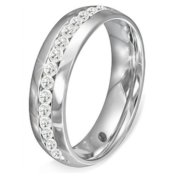 Stainless Steel Silver-Tone White Clear CZ Anniversary Wedding Ring Band