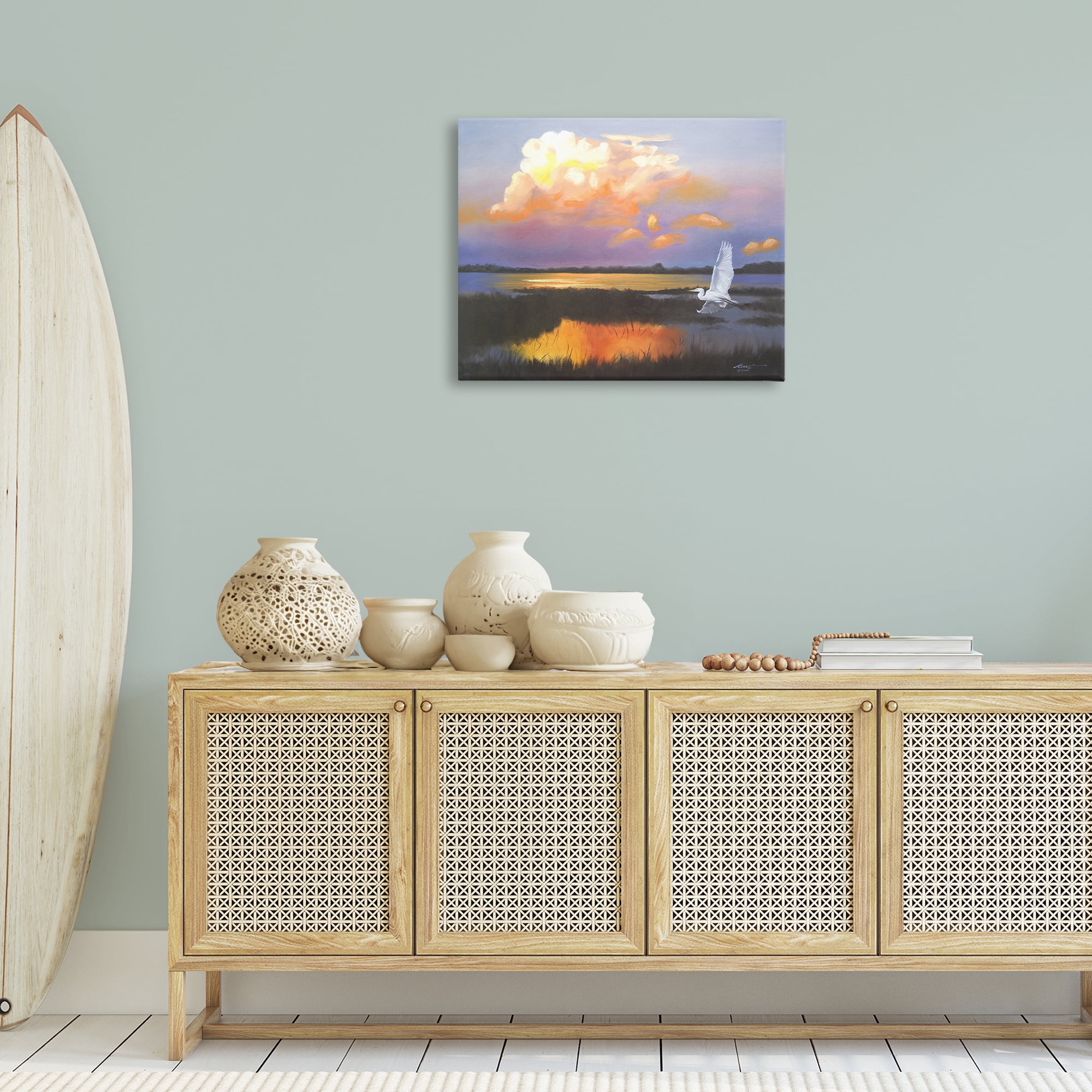 Stupell Industries Egret Over Cloudy Reflection Landscape Painting Gallery Wrapped Canvas Art Print Wall Art, 30 x 24