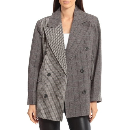 Avec Les Filles Women's Mixed Plaid Double Breasted Blazer, Espresso, S