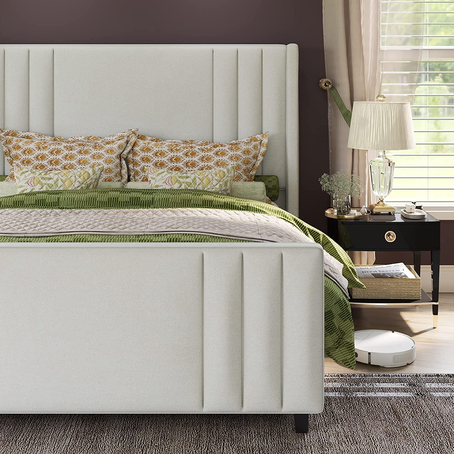 VanAcc Queen Size Bed Frame, Velvet Upholstered Platform Bed with Vertical Channel Tufted Headboard & Footboard/Wingback, with Wood Slats, Cream