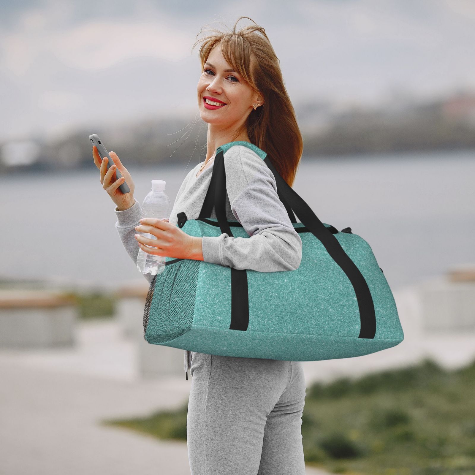 Fuzoiu Teal Green Glitter Print Travel Duffle Bag,Carry On Tote Bags,Duffel Bag,Sport Gym Bag, Hospital Bag for Labor and Delivery, Overnight Bag,Luggage Bag