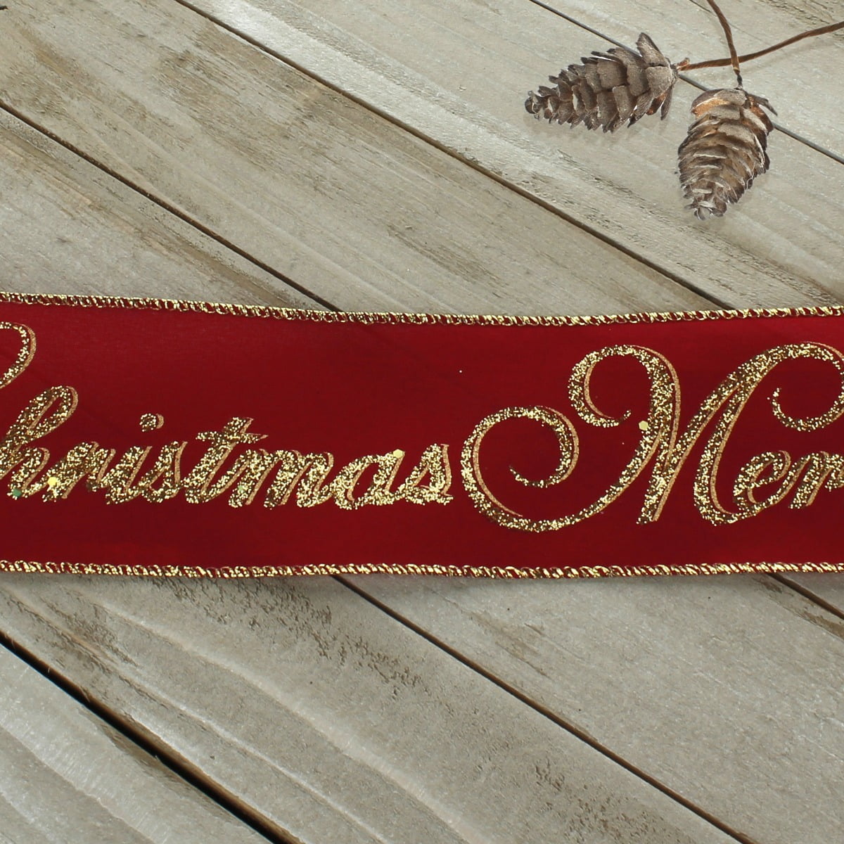 Ribbon Traditions Gold Glitter Merry Christmas Red Wired Ribbon 2 1/2" by 25 Yards