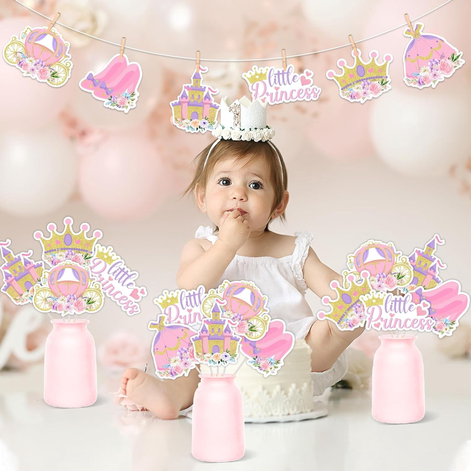 Kreatwow Floral Princess Table Decorations 24pcs Princess Centerpiece Little Princess Decorations Table Centerpiece Supplies Princess Castle Crown Carriage Party Table Topper for Birthday Baby Shower