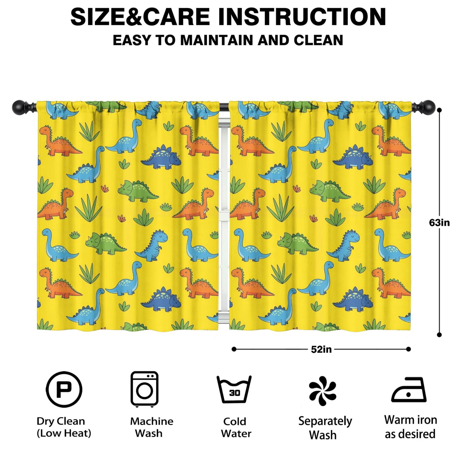 Blackout Kids Curtains,Yellow Dinosaur Plant Pattern Childrens Insulated Curtains Set Of 2,Bedroom Essentials,Toddler Room Decor 52"x63"