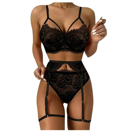 

DNDKILG Women s Lace Teddy Bra and Panty Sets Plus Size Sexy Lingerie Set Babydoll Strappy Lingerie with Garter Black L