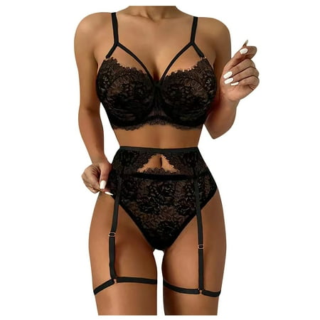 

DNDKILG Sexy Teddy Lingerie for Women Strappy Lace Lingerie Set Plus Size Babydoll Bra and Panty Sets with Garter Black XL
