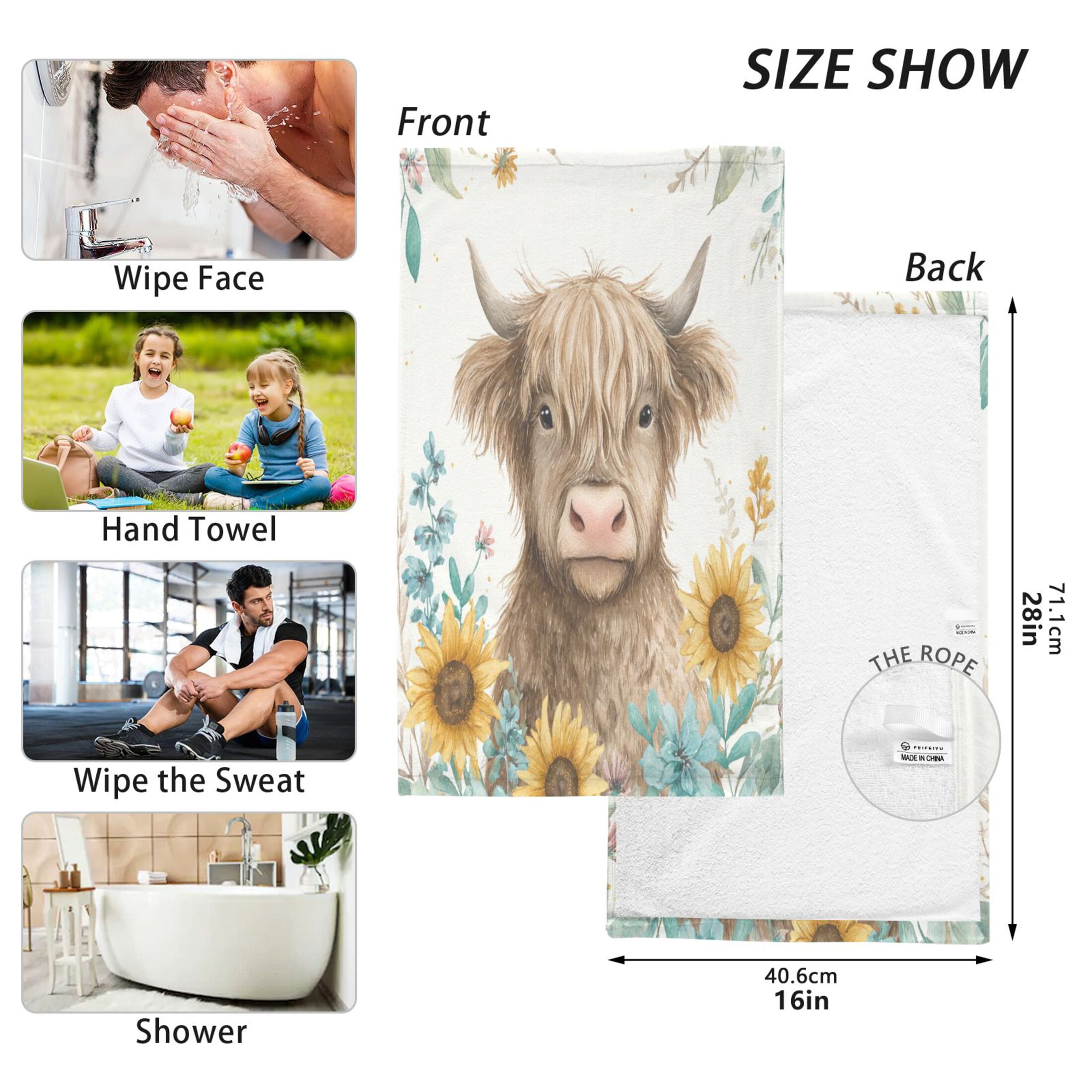 2 Pcs Absorbent Face Towel Bath Hand Towels Soft Breathable Cotton Towel Set for Bathroom Kitchen Hotel Spa Decor Sunflowers and Highland Cow
