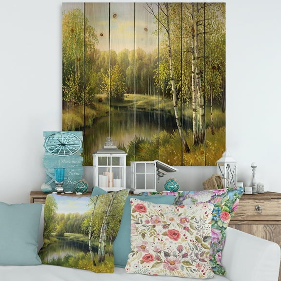 Designart 'The River In Silent Green Nature Through Birches' Traditional Print on Natural Pine Wood