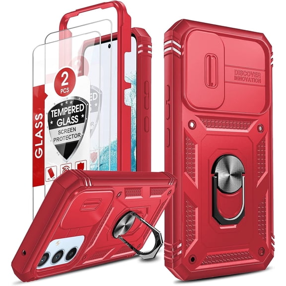 Compatible for Samsung Galaxy A54 5G Phone Case: A54 Case with Slide Camera Cover 2 Pack Tempered Glass Screen Protectors, Rotatable Ring Stand Heavy Duty Shockproof Case for Galaxy A54, Red