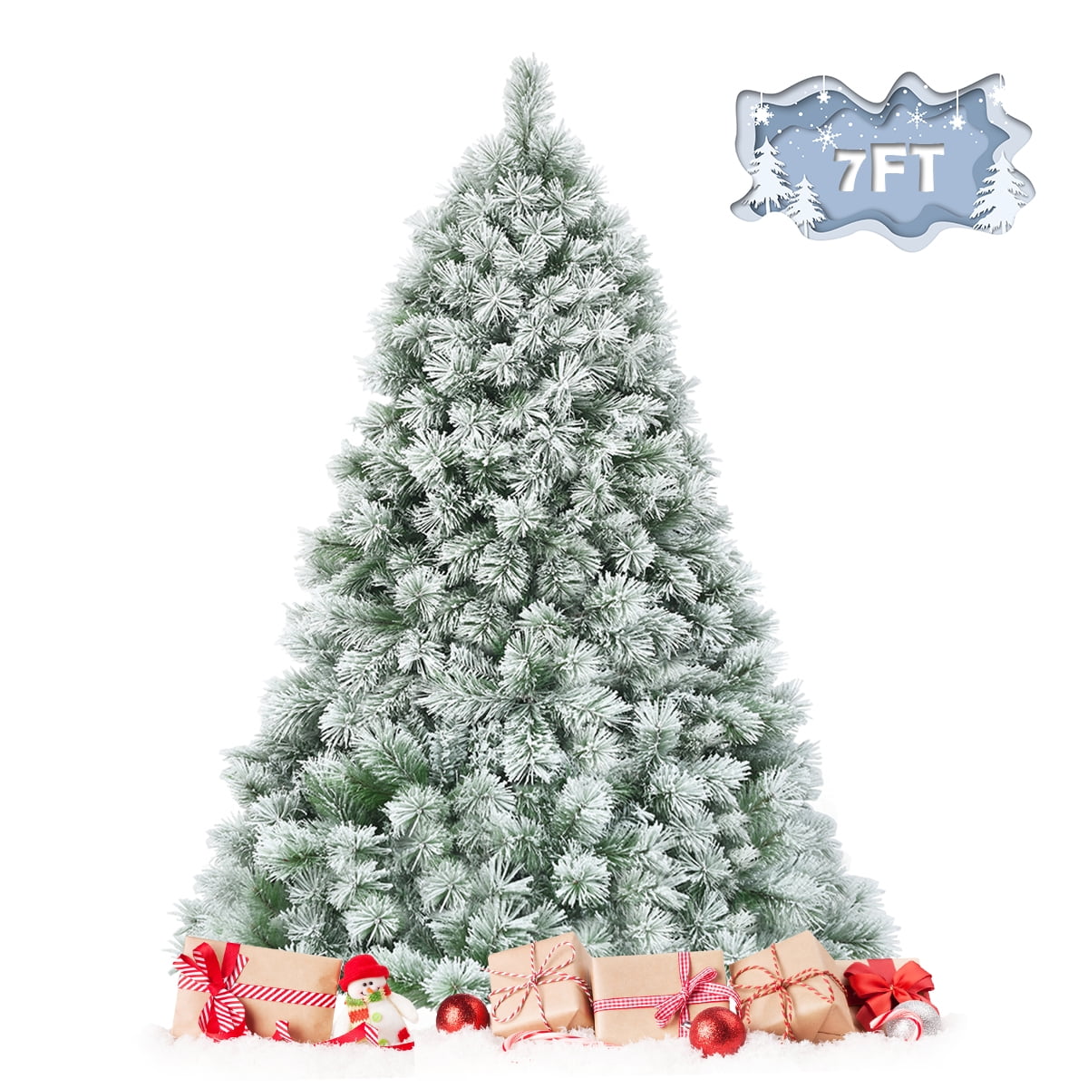 Topbuy 6FT/7FT Snow Flocked Artificial Christmas Tree Hinged Decoration Pine 