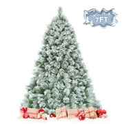 Topbuy 6FT Snow Flocked Artificial Christmas Tree Hinged Decoration Pine Tree