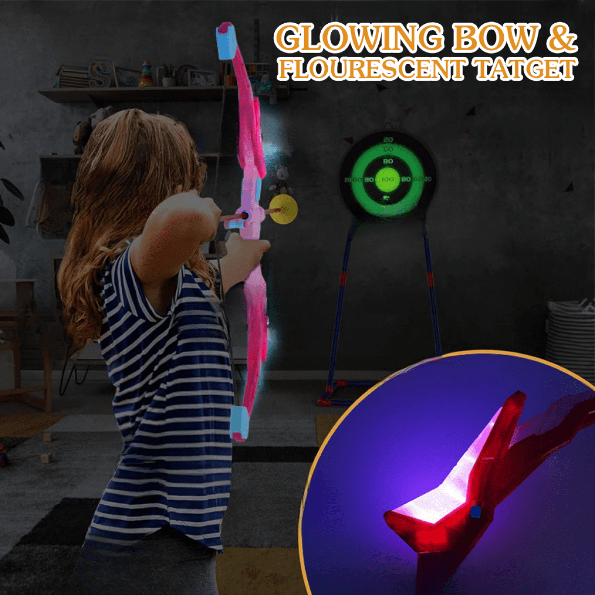 Bow and Arrows Set for Kids, Light-up Archery Toys with Arrows Targets for Sports Outdoor Games Backyard Birthday Gifts(Green)