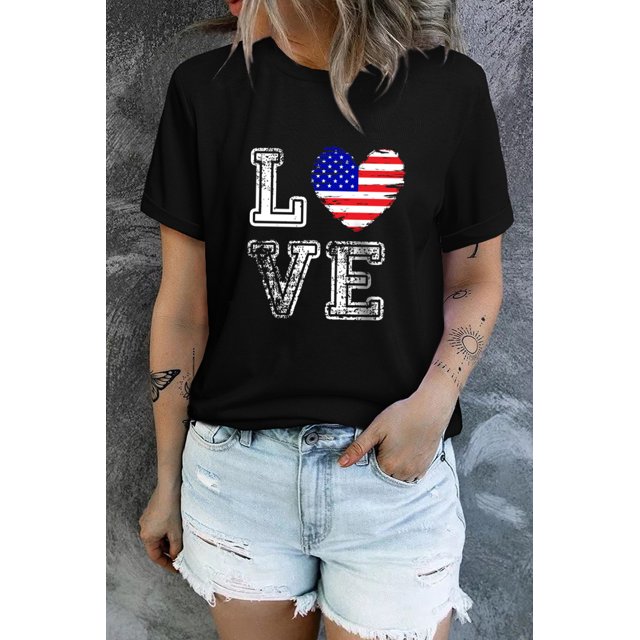 ABPHQTO Camiseta gráfica de manga corta con estampado en forma de corazón y bandera LOVE US negra para mujer