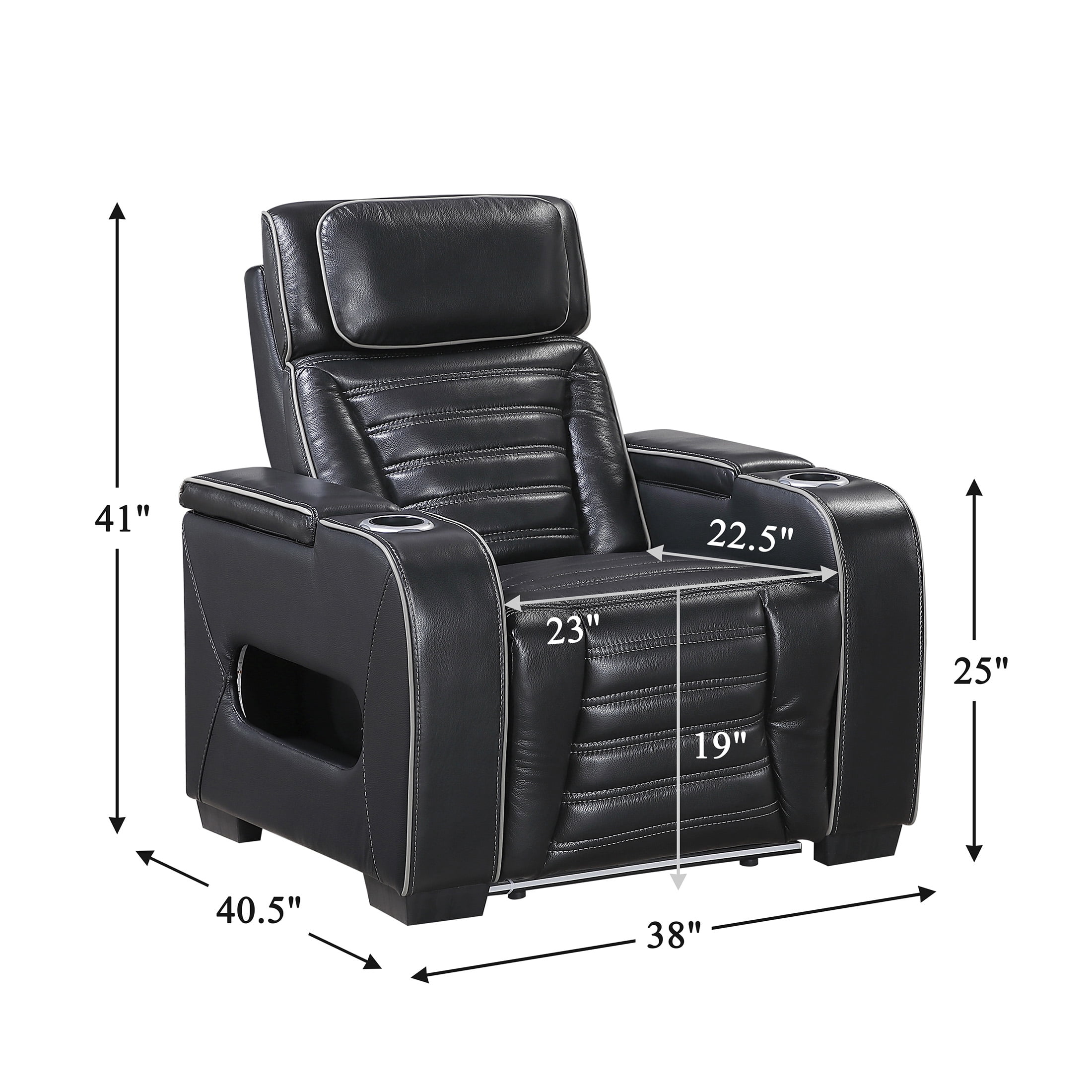 OakvillePark Elantra Leather Match Power Reclining Chair with Power Headrest/Cup holder/Storage Arms/Air Massage/Heat/LED Lighting and Charging Port, Black
