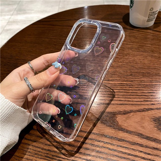 Gradient Laser Love Heart Phone Case For iPhone 16 15 14 13 11 12 Pro Max Transparent Acrylic Protector Soft Cover With Hearts tzw