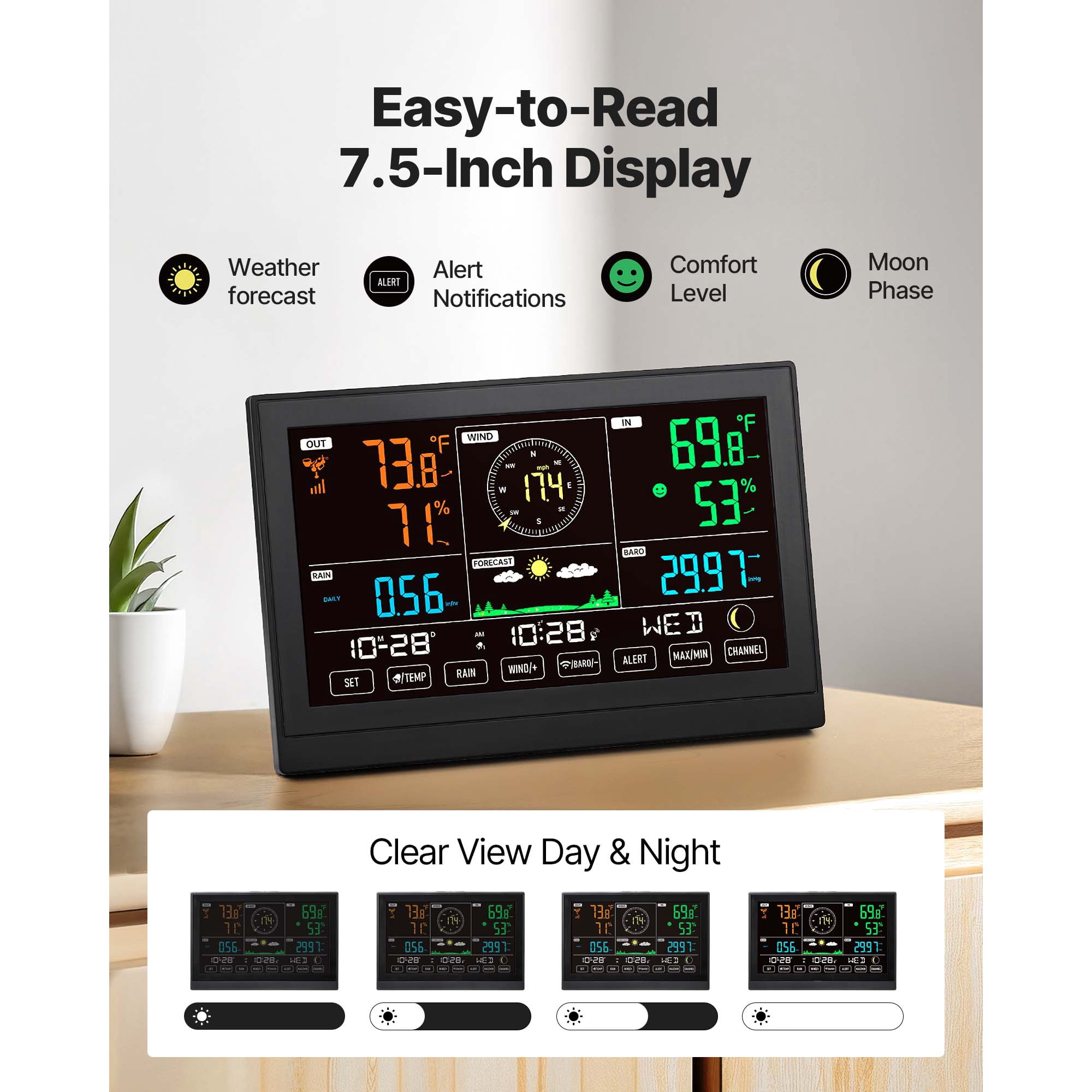 KFFKFF 5-in-1 Wireless Weather Station with 7.5-Inch VA Display, Solar-Powered Outdoor Sensor, Rain Gauge, and Indoor/Outdoor Monitoring for Weather Forecast, Temperature,Humidity,Wind Speed(No WiFi)