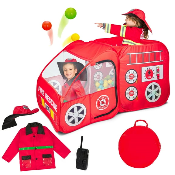 Fire Truck Pop Up Play Tent | Siren Sound Button | Firefighter Costume, Jacket & Hat– Red Fire Engine Playhouse for Kids, Toddlers, Boys, Indoors & Outdoors – Quick Setup Pretend Play Toys & Gift
