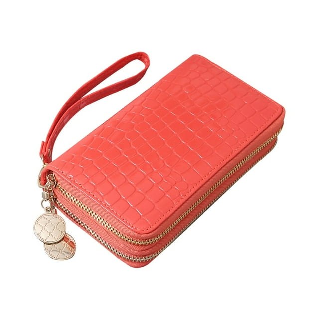 Carteras portátiles Cuero de PU Cartera larga con cremallera Monedero en efectivo de charol (Rojo sandía)