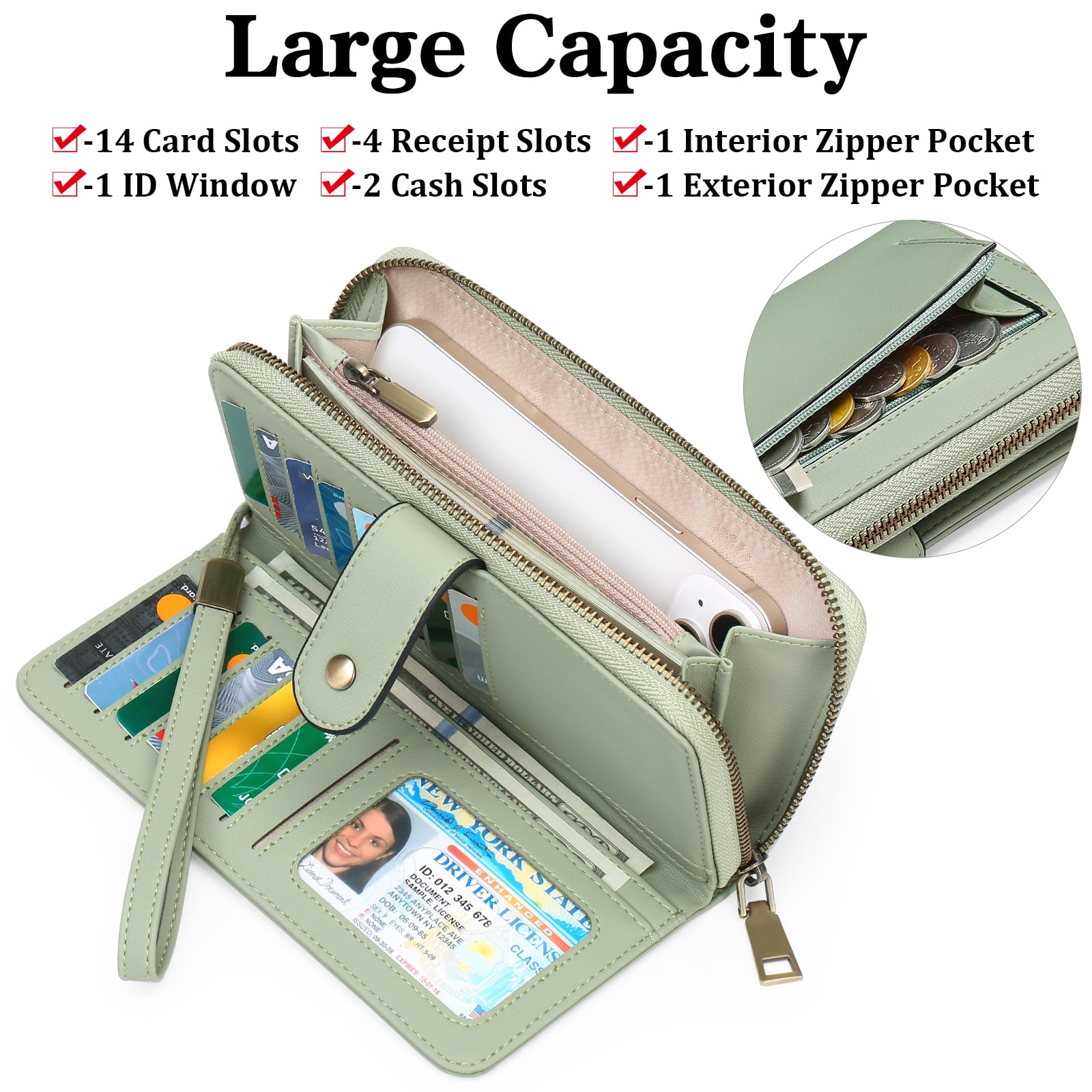 GAEKEAO Wallet for Women Clutch RFID Blocking Leather Wristlet Purse Large Capacity Credit Card Holder with Grip Hand Strap