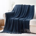 thumbnail image 6 of Navy Throw Blanket,Lightweight Textured Blanket with Tassels,Navy Blue Throws,50"x60", 6 of 8