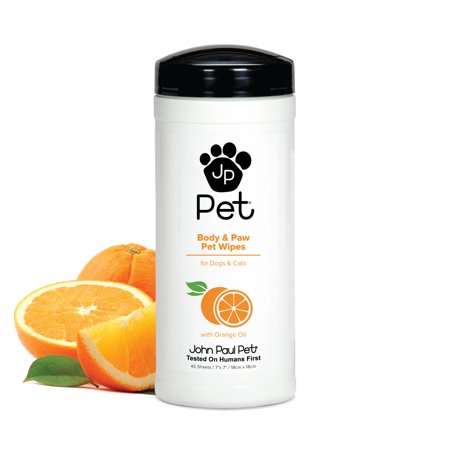 UPC: 0876065100012 | John Paul Pet Body & Paw Pet Wipes for Dogs & Cats  Infused with Orange Oil  7  x 7  Sheets in 45Count Dispenser