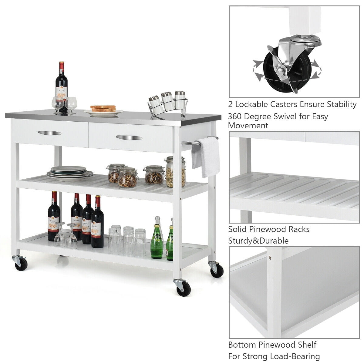 Costway Rolling Kitchen Trolley Cart Island Stainless Steel Countertop W Drawer Shelf