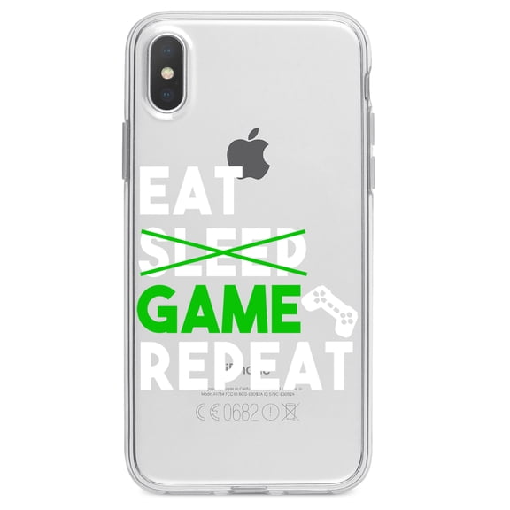 DistinctInk Clear Shockproof Hybrid Case for iPhone XR (6.1" Screen) - TPU Bumper Acrylic Back Tempered Glass Screen Protector - Eat Game Repeat - Video Games Gamer