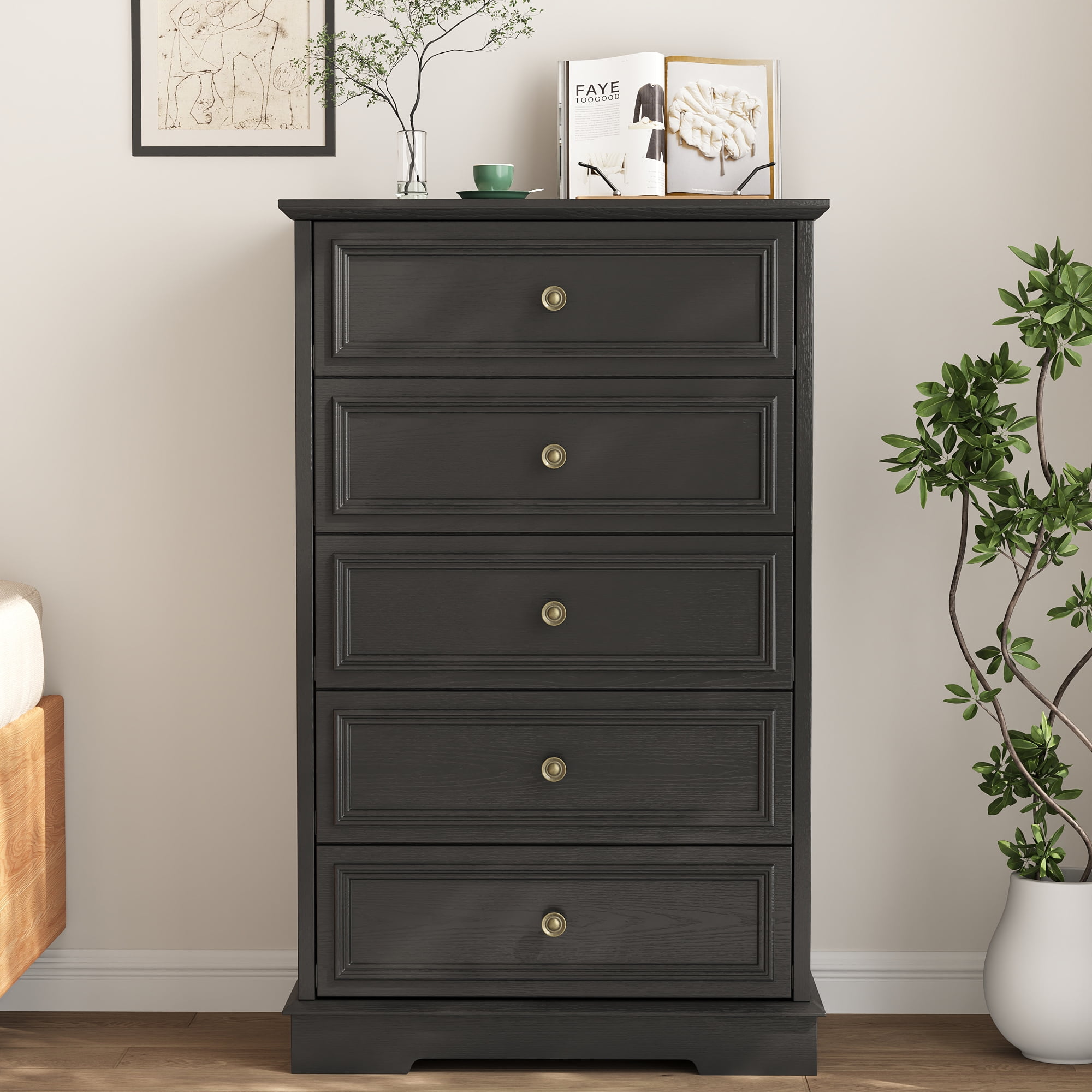5 Drawer Dresser, Wood Chest of Drawers for Bedroom, Vintage Storage Cabinet Dresser Organizer Unit with Antique Bronze Round Handles for Living Room, Closet, Hallway, Entryway
