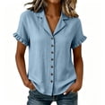 thumbnail image 3 of VBVC Women's Ruffle Short Sleeve Collared Shirt, Ladies' V-Neck Button Down Blouse, Casual Solid Color Summer Top For Women,Blue,S-2XL, 3 of 9