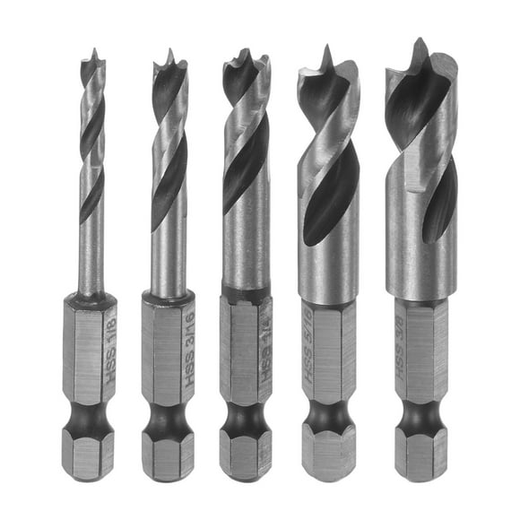 Uxcell 5pcs Brad Point Drill Bits 1/4"-1/8" Dia 1/4" Hex Shank Stubby Drill Bit Wood Drilling Tool for Woodworking