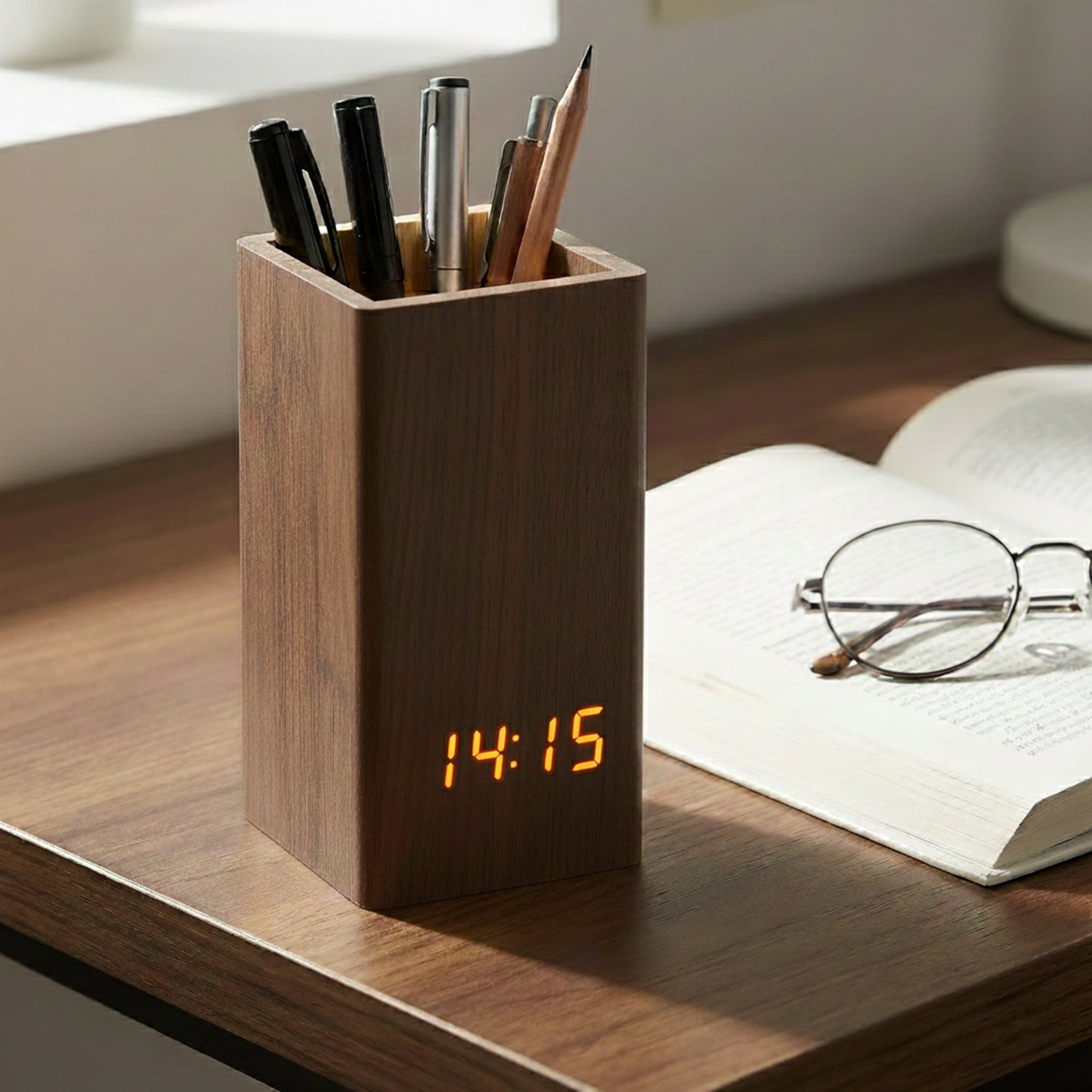 Unique Bargains Voice Wake-Up LED Alarm Clock Brown 5.5"L x 2.6"W x 2.8"H