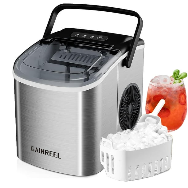 Fabricador de Hielo de Encimera, Máquina de Hielo Portátil con Autolimpieza, 26.5lbs/24Hrs, 9 Cubitos de Hielo en 6 Minutos, Cesta y Cuchara para Hielo, Ideal para Casa, Cocina, Bar, Camping