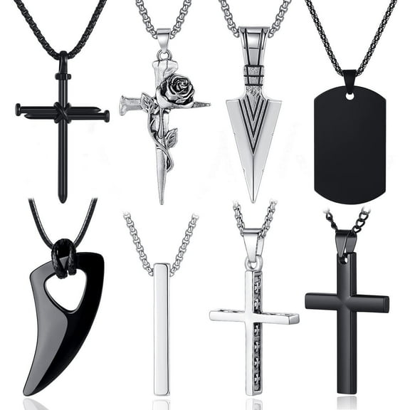 Silver and Black Stainless Steel Cross Pendant Necklace for Men Women Box Chain