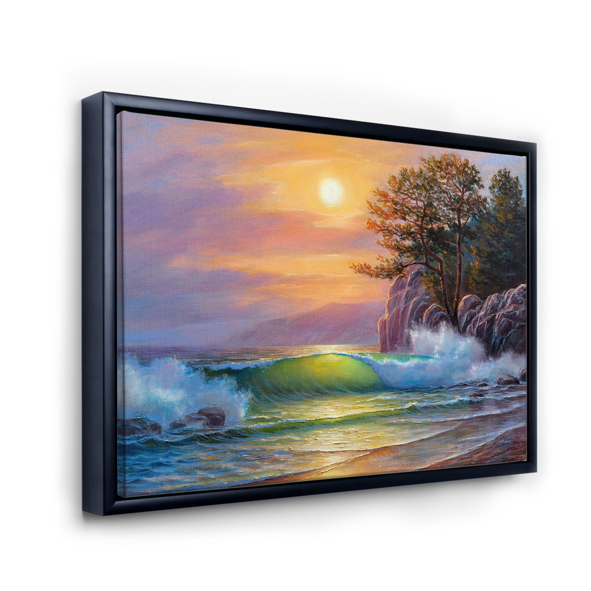 Sunrise On Sea Waves By The Pine Trees 32 in x 16 in Framed Photography Canvas Art Print, by Designart