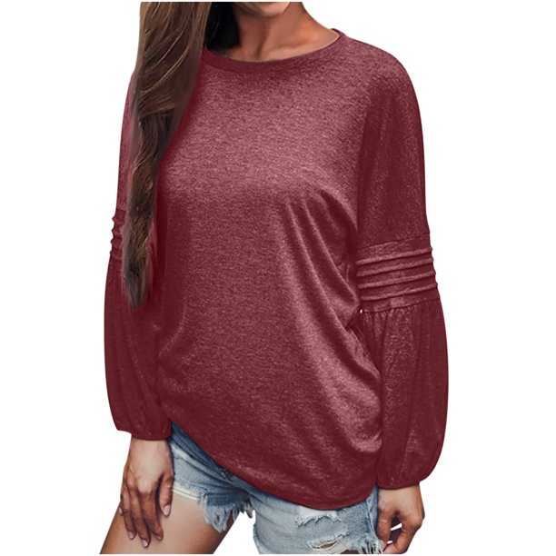 Moda mujer Soild manga larga cómodo transpirable cuello redondo Tops Pompotops FGAJ10123