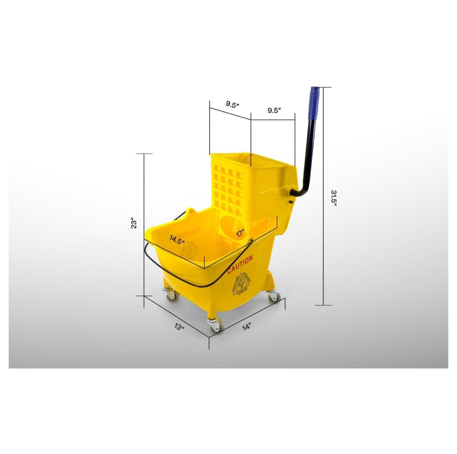 Mop Bucket 25 Quart | Side Press Wringer | 4 Wheels 2" | Yellow